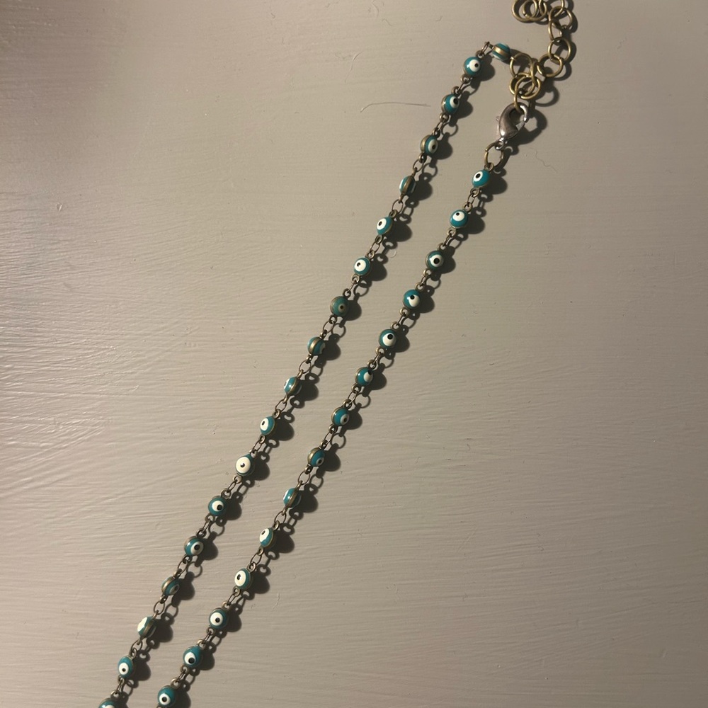Gold and Green Beaded Necklace - Evil Eyes